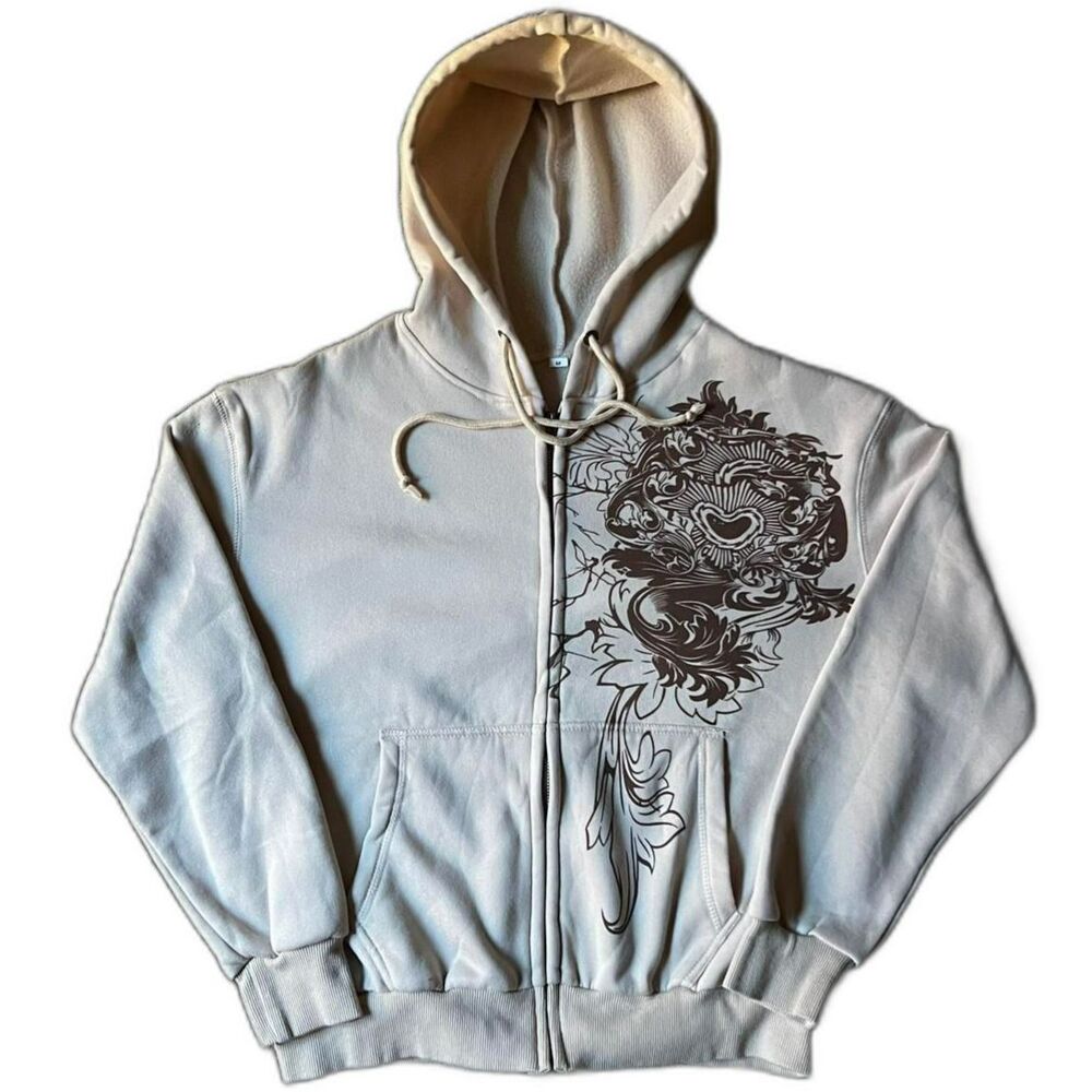Vintage Y2K Unbranded Women's Cream and Brown Floral Heart Full Zip Hoodie sz M